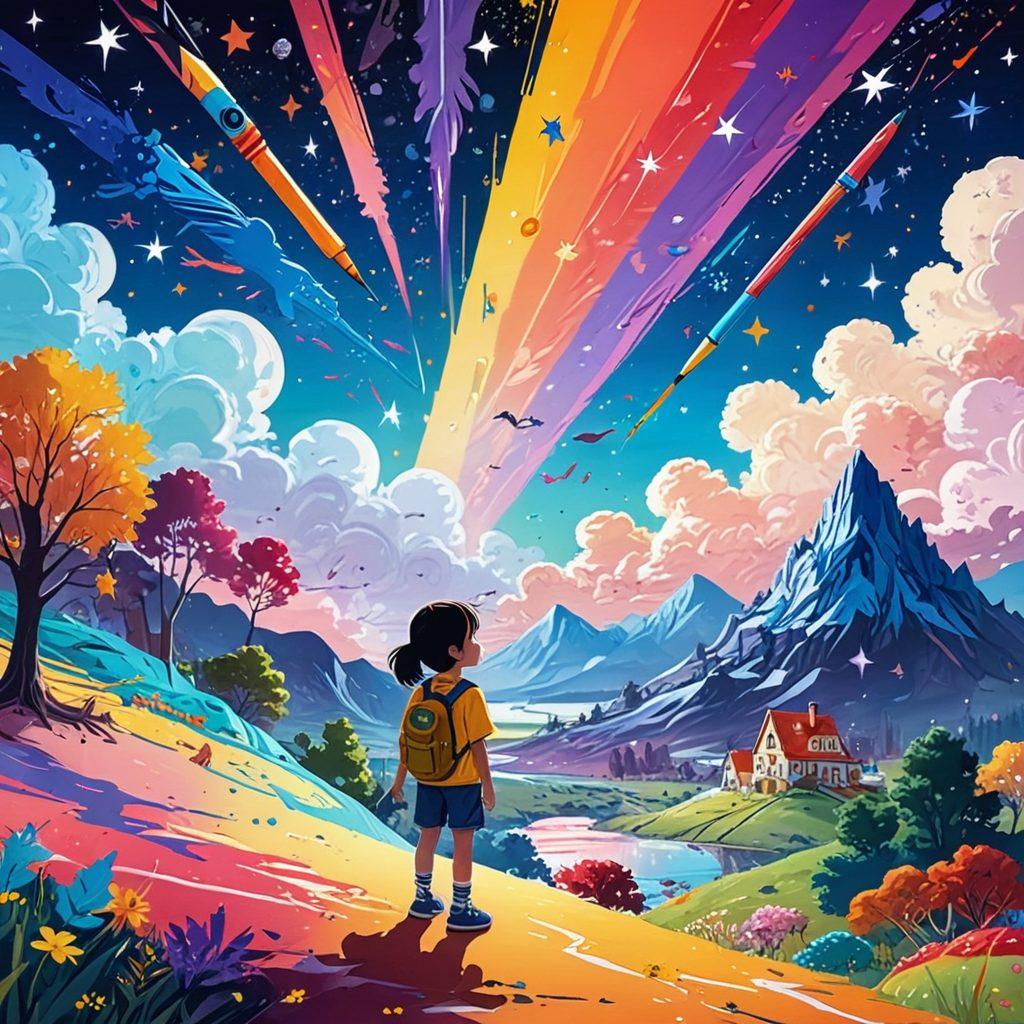 A striking juxtaposition of innocence and explicitness, featuring a whimsical cartoon landscape with vibrant colors. In the foreground, a playful child-like character holds a large crayon, while in the background, adult-themed anime characters blend seamlessly into the scenery. Elements of adult animation art are subtly interwoven, creating a thought-provoking duality. The sky is filled with colorful abstract shapes and stars, enhancing the surreal atmosphere. dreamy art style. vibrant colors.