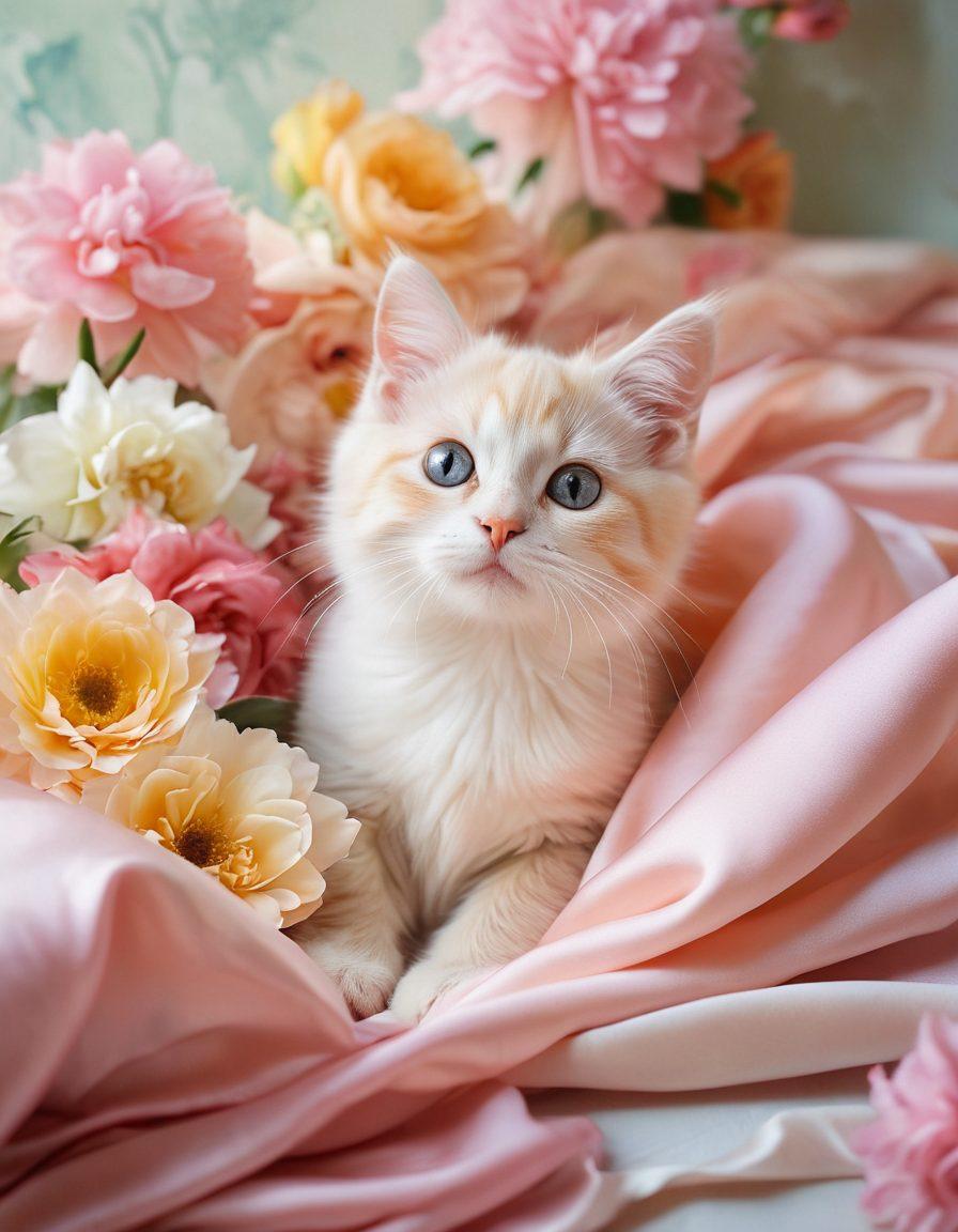 A surreal collage juxtaposing sensual elements like flowing silk sheets and delicate flowers with innocent imagery like playful kittens and pastel colors. The background features soft, ethereal lighting to create a dreamlike atmosphere. The colors should blend harmoniously, conveying both allure and innocence in a captivating manner. Use vibrant colors and a painterly style to enhance the emotional depth of the scene.